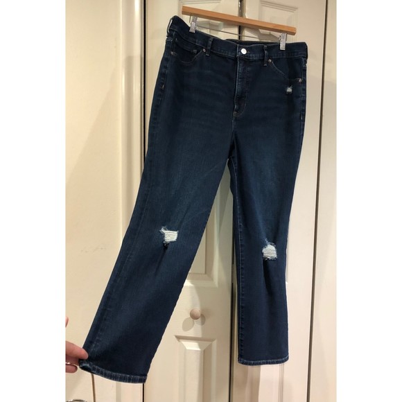 EXPRESS Super High Waisted Slim Straight Ripped Dark Wash Jeans 14 - Picture 4 of 12